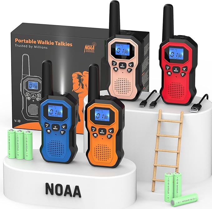2 Way Radios for Adults Long Range Walkie Talkies for Kids Rechargeable 4 Pack, Camping Hiking Skiing Cruising Gear with Lamp, USB-C, SOS Siren, NOAA Alert, iVOX Hands-Free, One-Touch Pairing-CubbioJoy