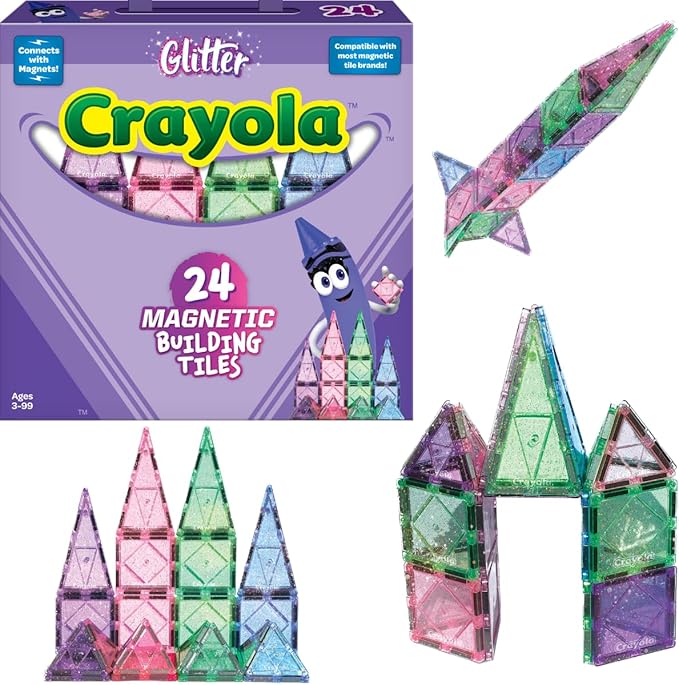 CreateOn Crayola Glitter Magnetic Tiles, Building Set for Kids, Magnetic Tiles, Kids’ Building Toys, STEM & Montessori Toys for Boys and Girls Ages 3+, 24-Piece Set (Glitter)-CubbioJoy