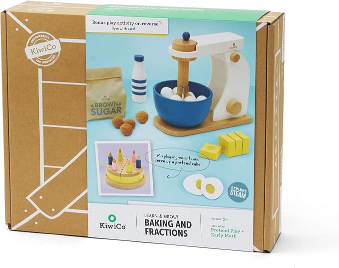 Bake-a-Cake Stand Mixer | KiwiCo Play Kitchen | Kids Baking Set Ages 3+ | Learn Early Math with Wooden Kitchen Play Set | Includes Ingredients, Stand Mixer, Measuring Spoons, Recipe Cards and More-CubbioJoy