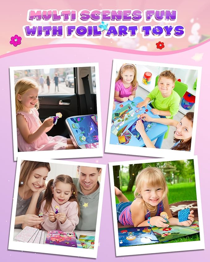 Baobrava Foil Art Fun Kit for Kids - DIY Toy Unicorn Princess Foil Art Craft Activity for Kids, Foam Stickers Fun Craft Kits & Supplies, Creative Christmas Birthday Gifts Travel Toys for 4 and Up-CubbioJoy