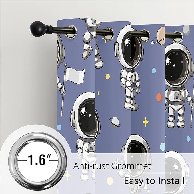 Kids Astronaut Blackout Curtains - 100% Blackout, Thermal Insulated, Noise Reducing, Perfect for Kids Room and Nursery, 2 Panels (Spacewalk Buddies, W52×L84)-CubbioJoy