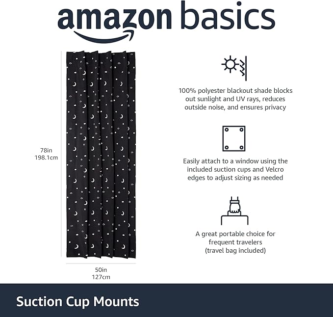 Amazon Basics Portable Blackout Curtain Shade with Suction Cups, 50" W x 78" L, 1-Pack, Moon and Stars-CubbioJoy