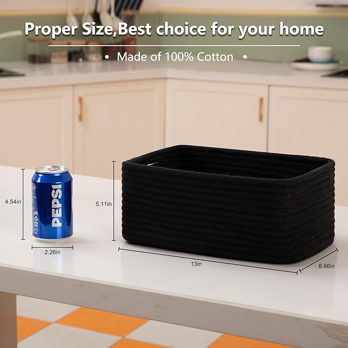 4 Pack Small Storage Shelf Baskets for Organizing, Mini Woven Rope Storage Bins for Towels, Cute Decorative Closet Organizer，Baby Nursery, Gift Empty Baskets -13''Lx8.66''Wx5.11''H-Black-CubbioJoy