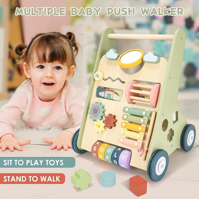Baby Push Walker, Wooden Baby Walker with Wheels, Montessori Push Walker for Babies 6-12 Months, Push Walking Toys for Boys&Girls 1 Year Old, Gifts for Toddler-CubbioJoy