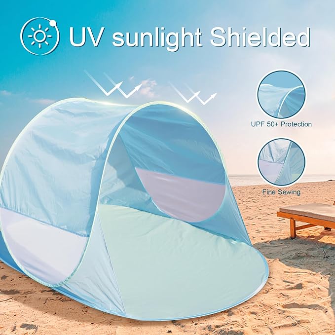Action Air UPF 50+ Pop Up Beach Tent for 2-3 People, Instant Sun Shelter with 360°Ventilation, Water-Resistant Canopy, Lightweight & Portable Sun Shade for Beach, Camping, Sports (Blue)-CubbioJoy