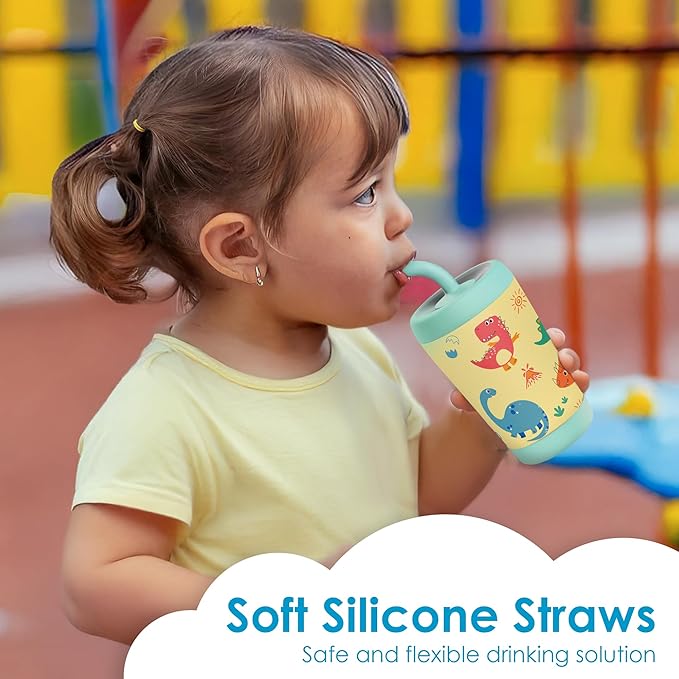 Kid Insulated Stainless Steel Tumbler with Silicone Straw, 12oz Sippy Cup for Kids (Playful Dinosaurs)-CubbioJoy