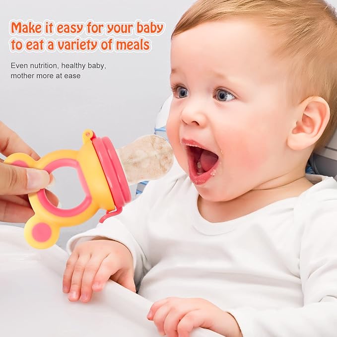 Baby Solids/Frozen Fruit Feeder Pacifier, Infant Teether Toy 4M+, BPA-Free Silicone Pouch & Nipple, Safely Introduce Solids, Teething Relief, 2-Pack (Mickey - Blue Yellow, S/M/L)-CubbioJoy