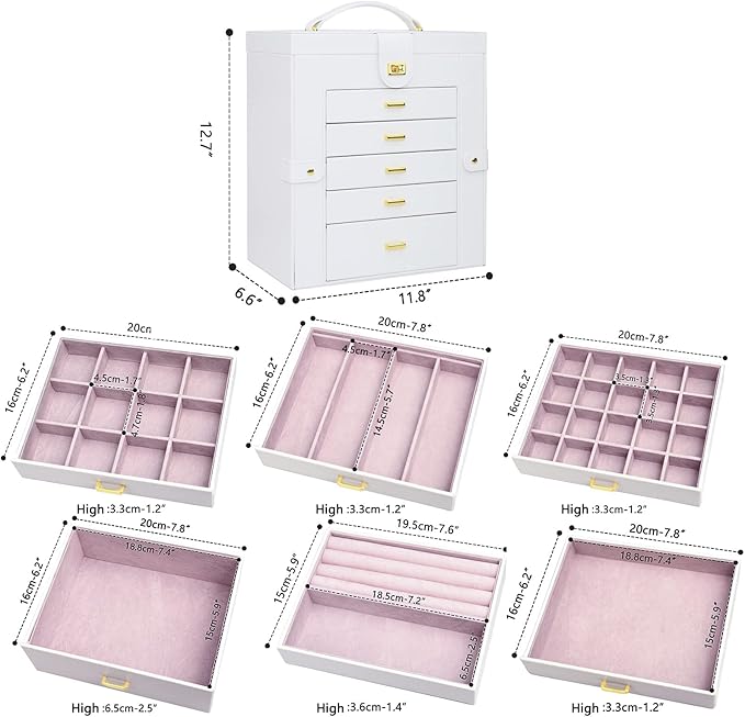 AKOZLIN Extra Large 6-Tier Jewelry Box Organizer with Mirror, 5 Drawers Leather Jewelry Storage Case for Women Girls Ring Necklace Earring Bracelet White-CubbioJoy