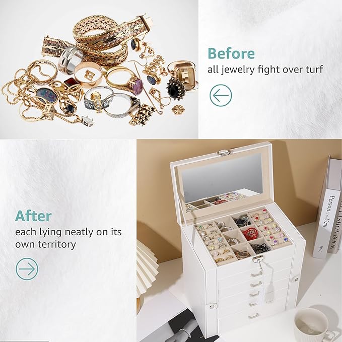 BOOVO Jewelry Box For women, 6 Layer Large Jewelry Organizer With Mirror, Multi-Function Storage Box With Lock, Accessory Holder With 5 Drawers, For Earrings Necklace Ring Bracelet (White)-CubbioJoy