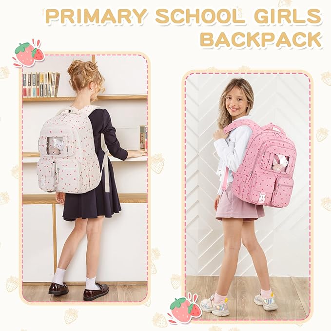 Corduroy Backpack Kids Backpack for Girls School Bags for Middle School Students Book Bag for Elementary Primary Kawaii Ita Backpack, Beige Strawberry-CubbioJoy