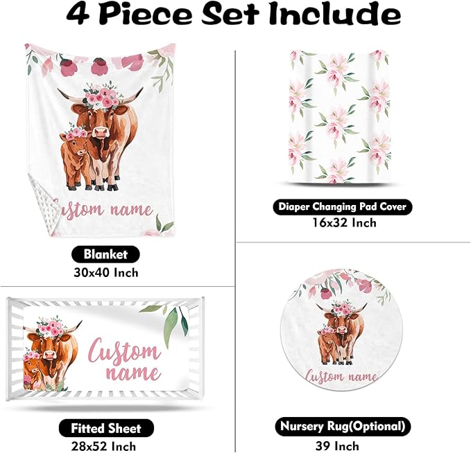 Custom Nursery Crib Bedding Set: Personalized Name 4 Piece Highland Cow Theme Baby Crib Sets for Girls - Toddler Double Layer Blanket Set, Comfortable Crib Bed Sheets for Baby Toddlers-CubbioJoy