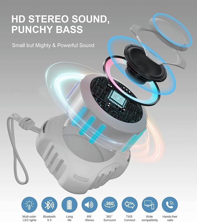 comiso Shower Bluetooth Speaker, IPX7 Waterproof Speaker with Multiple Light, Floating, Wireless Speakers with Punchy Bass and Loud HD Sound 2000mAh for Travel Beach Shower, Gift for Men, Women-CubbioJoy