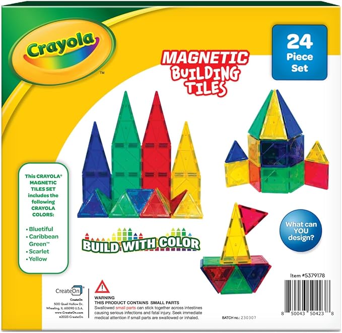 CreateOn Crayola Bold Magnetic Tiles, Building Set for Kids, Magnetic Tiles, Kids’ Building Toys, STEM and Montessori Toys for Boys and Girls Ages 3+, 24-Piece Set (Bold)-CubbioJoy