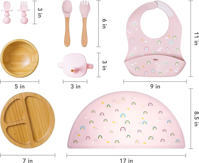 Bamboo Baby Feeding Set for Infants & Toddlers - Baby Essentials, Non-Toxic, Sustainable, Bamboo Suction Plate & Bowl, Bib, Sippy Cup w/Lid & Straw, Daily Use, Travel, Baby Shower Gifts (Pink)-CubbioJoy