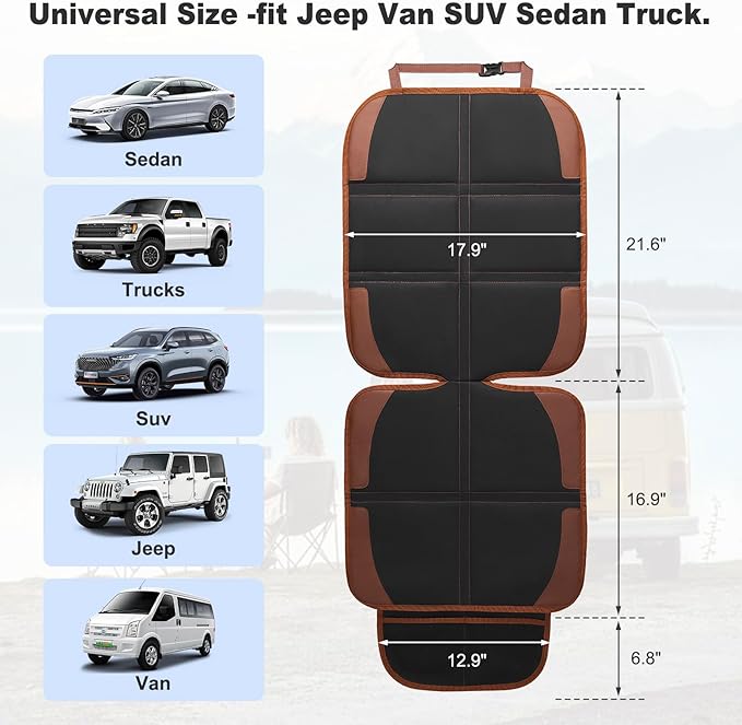 Car Seat Protector for Child, 2 Pack With Mesh Pockets & Non-Slip Backing 600D Durable Under Baby Seat Cover for Back Seat (Dark Brown, Standard)-CubbioJoy