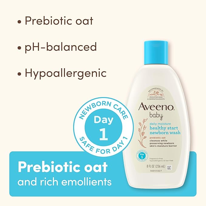 Aveeno Baby Healthy Start Nourishing Newborn Wash, Hypoallergenic Baby Body Wash with Prebiotic Oat Gently Cleanses Delicate Newborn Skin, Fragrance-Free, Tear-Free, Paraben-Free, 8 fl. oz-CubbioJoy