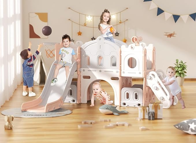 8 in 1 Toddler Slide, Kids Climber Slide with Storage Space and Non-Slip Steps, Indoor Outdoor Playset with Basketball Hoop and Telescope, Slide for Toddlers Age 1-3, Pink White-CubbioJoy