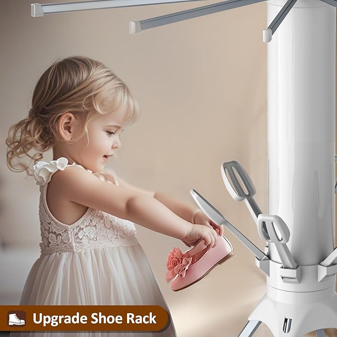 Clothes Drying Rack 2025 Upgrade 4-Legged 3-Tier Foldable Laundry Rack with 4 Pulleys 20 Clips,6 Shoe Dryers 16Drying Rods for Indoor/Outdoor, Camping, Poolside Space Saving, Whit-CubbioJoy