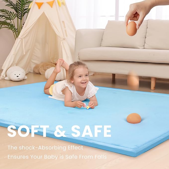 Baby Play Mat for Floor,1.3" Thick Memory foam Tummy Time Mat,Soft Coral Velvet Nursery Rug for Toddlers,Infants,kids,Extra Large Non Slip for Crawling,Tatami Style(Light Blue)-CubbioJoy