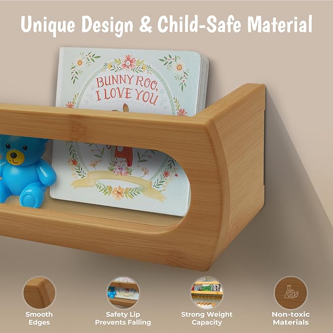 Bamboo Nursery Book Shelves, Fully Assembled For Easy Use - Set of 3 Floating Shelves for Wall Kids, Wall Mounted Book Shelves For Kids Room, Baby Room, Toddler Room, Nursery Decor, 16.5 Inch Natural-CubbioJoy