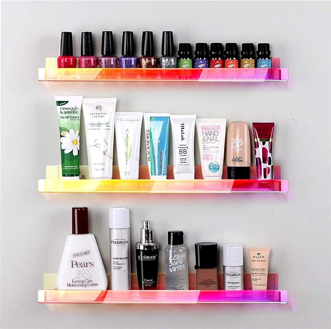 8 Pack 15 Inch Iridescent Acrylic Shelves, Clear Rainbow Kids Floating Bookshelf for Kids Room, Modern Sunglasses Essential Oil Picture Ledge Display Toy Storage Wall Shelf-CubbioJoy