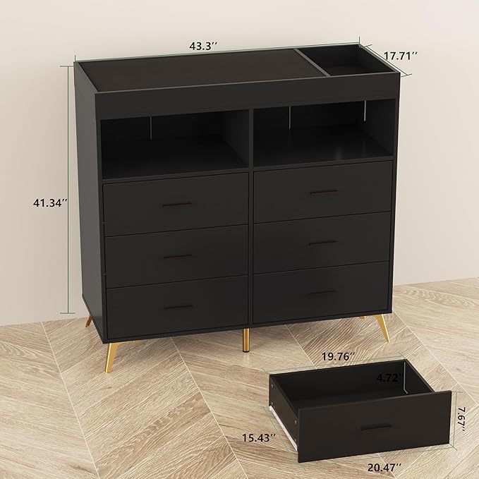 Changing Table Dresser with Drawers, Baby Dresser with Changing Table Top, Power Outlet, LED Light & Metal Feet, Diaper Changing Station Nursery Organizer for Infants Newborn, Black-CubbioJoy