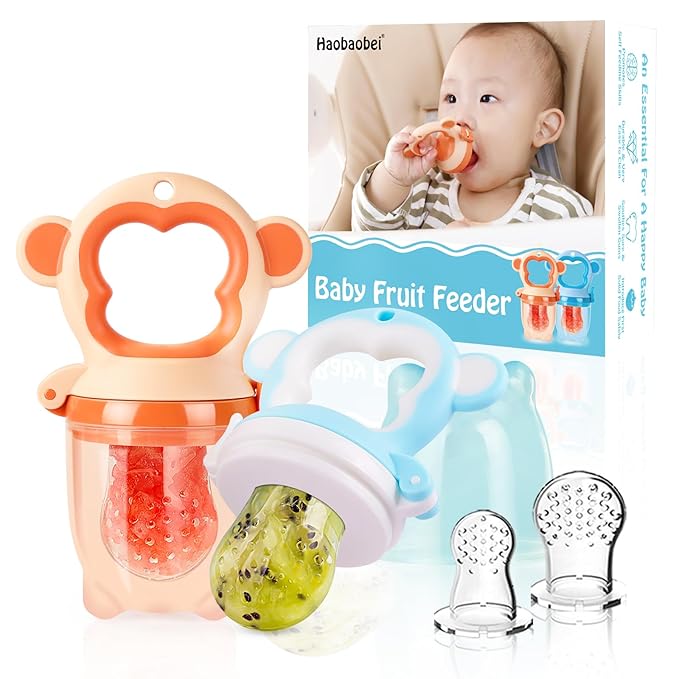 Baby Fresh Fruit Feeder Pacifier, 2 Pack HAOBAOBEI Baby Teether for Chewing, Freezable Infant Teething Toy, Teething Relief, Food Feeder with 4 Silicone Pouch, BPA Free - Monkey (Orange & Blue)-CubbioJoy