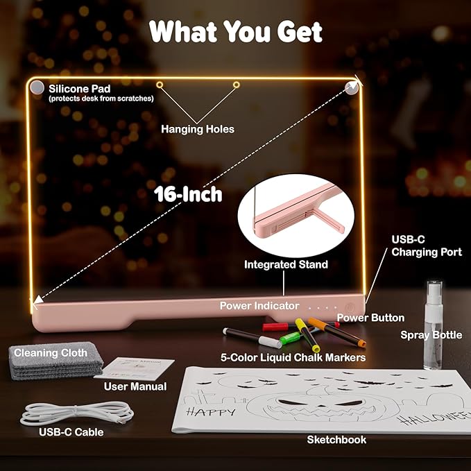 16-Inch Rechargeable Doodle Glow LED Note Board, 7-Color Light Modes, Neon Art Dry Erase Light Up Drawing Pad with Built-in Stand, Sketching Gift Toy for Kids/Girls/Teens, 5 Markers & Tracing Book-CubbioJoy