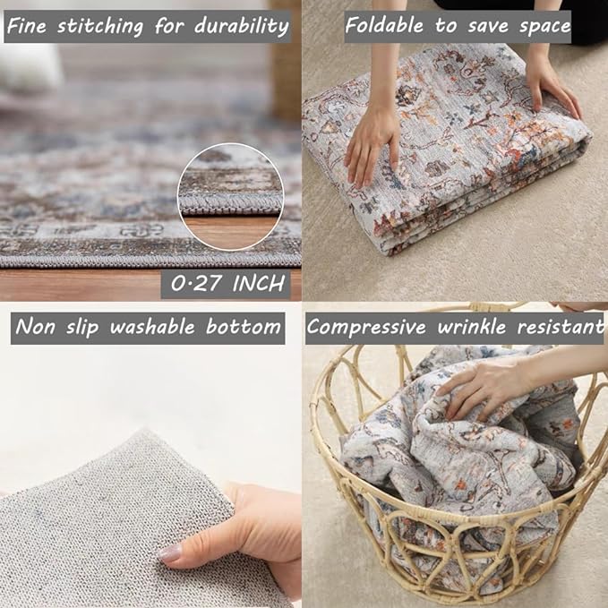 Area Rug 2x3 Washable Rug Door Mat Vintage Distressed Taupe Doormat Indoor Entrance Traditional Thin Floral Print Non Slip Carpet for Kitchen Bathroom Bedroom Living Room-CubbioJoy