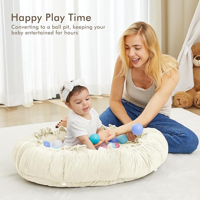 ANGELBLISS 5 in 1 Baby Play Gym Mat, Reversible Tummy Time Mat with 5 Sensory Toys for Stage-Based Developmental, Thick & Large Baby Activity Center from Newborn to Toddler (Beige)-CubbioJoy