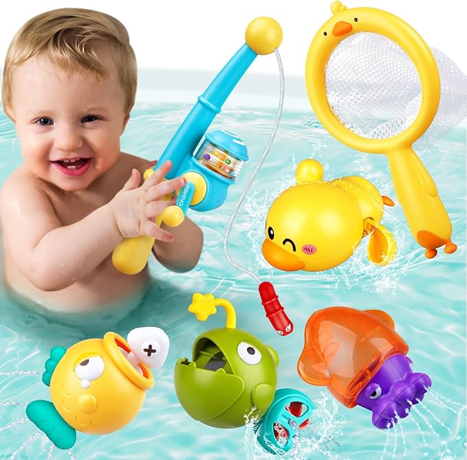Baby Bath Toys for Kids Ages 1-3, Magnetic Fishing Games with Floating Bathtub Wind-Up Toys & Fishing Net, Fishing Rod Water Pool Toys for Toddlers 1-3-CubbioJoy