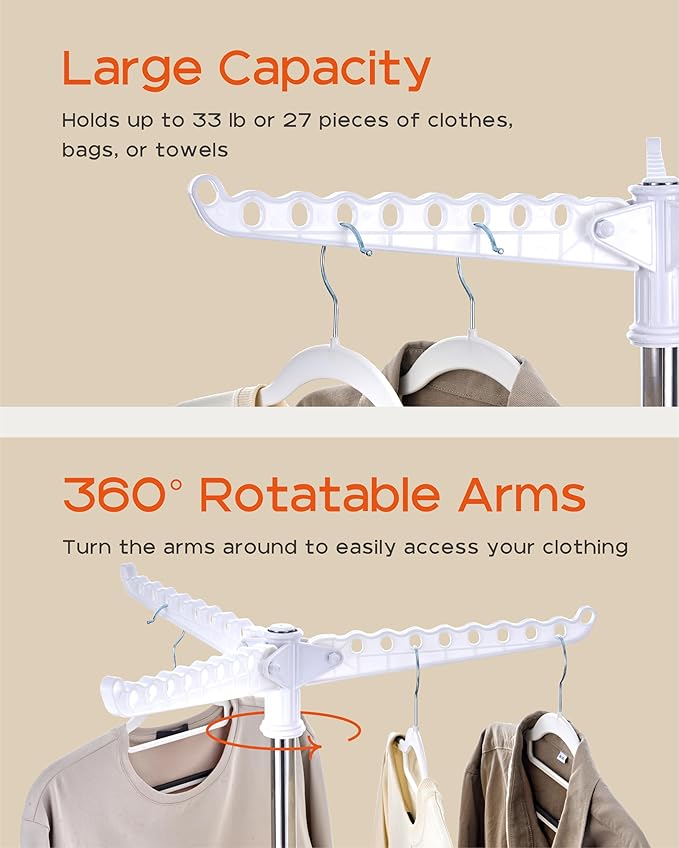 Clothes Drying Rack Foldable, 59 inch Tripod Laundry Drying Rack Indoor with Rotating Clothes Rail for 27 Pieces of Clothes, Space Saving, Stainless Steel, White and Silver CDR001W01-CubbioJoy