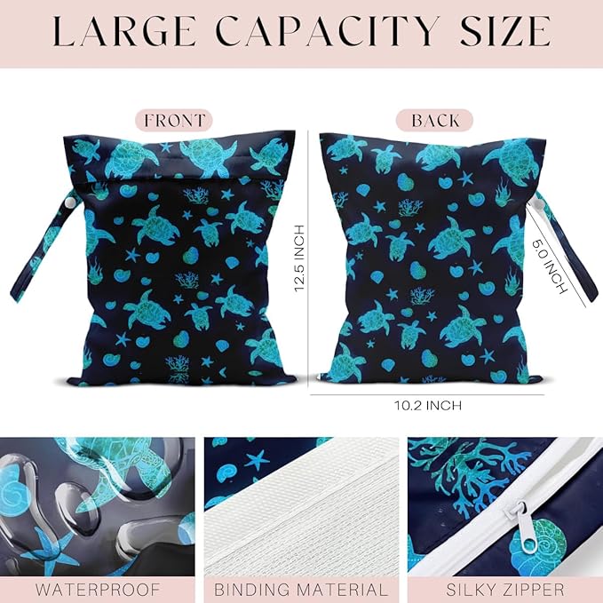 Waterproof Wet Bag for Swimsuit, Travel Beach Wet Dry Bag, Hidden Zipper Reusable Starfish Baby turtle Wet Bags, for Travel Beach Wet Swimsuits Toiletries Diapers Dirty Gym Clothes Laundry Bag-CubbioJoy