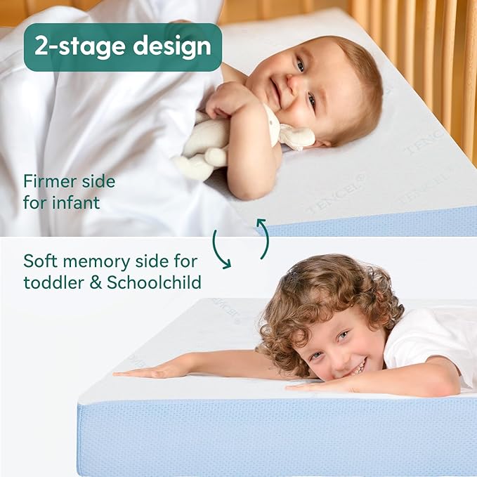 BABELIO Toddler Mattress for Crib Memory Foam 2 Stage Standard Size, with Removable Waterproof Cover Blue and White-CubbioJoy