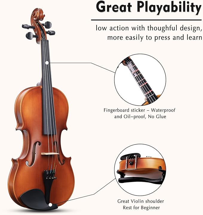 ADM 4/4 Full Size Wood Violin Set for Kids Teens Students Adults Beginner Acoustic Violin Matte Fiddle Starter Kit with Hard Case, Rosin, Shoulder Rest, Bow, Clip-on Tuner and Fingerboard Sticker-CubbioJoy