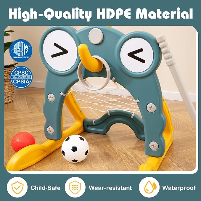 Costzon Toddler Basketball Hoop, 4-in-1 Kids Sports Activity Center with Rim, Soccer Goal, Golf, Ring Toss, Height Adjustable Kids Basketball Hoop with Fillable Base for Indoor Outdoor (Green Frog)-CubbioJoy