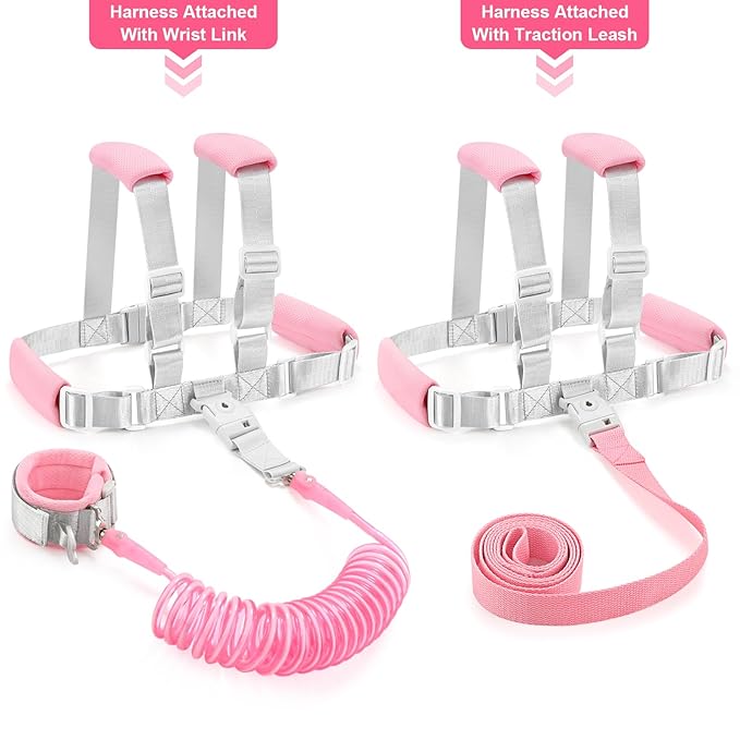 Accmor 3 in1 Toddler Harness Leash with Anti Lost Wrist Link, Harness Leash for Toddlers, Baby Leash, Child Walking Harness Kids Leash Wristband Rope Belt with Lock for Girls to Outdoor Travel (Pink)-CubbioJoy