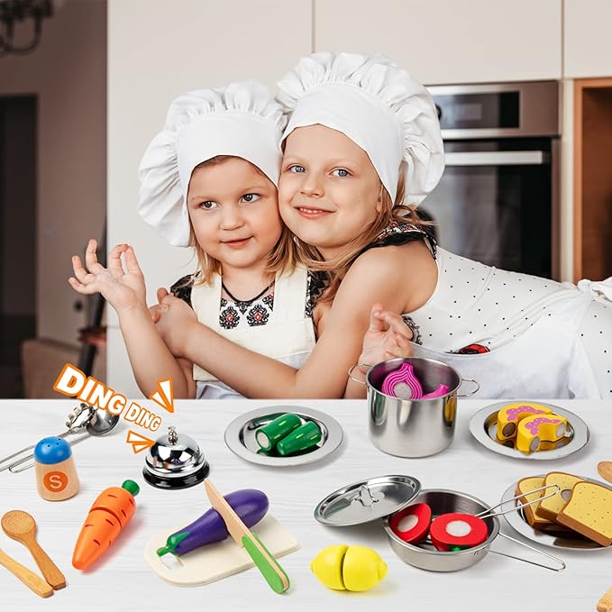 Juboury Pretend Play Kitchen Set - Toy Kitchen Accessories with Stainless Steel Cookware Pots and Pans, Plates, Cooking Utensils, Kids Chef Coat & Hat, Wooden Play Food for Kids, Girls, Boys, Toddlers-CubbioJoy