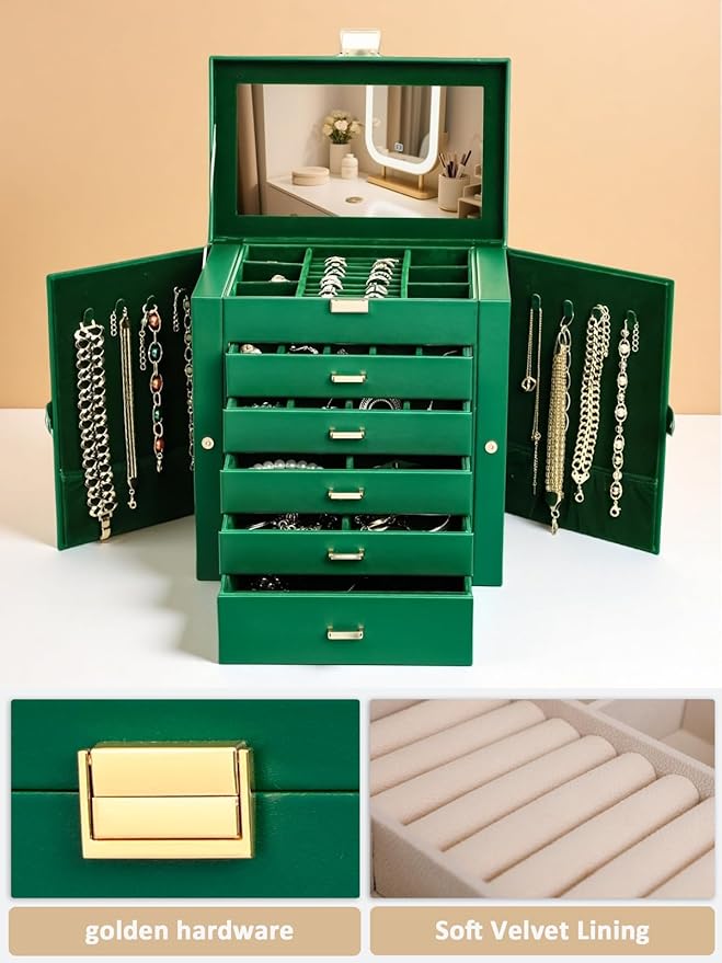 BOOVO Jewelry Box For women, 6 Layer Large Jewelry Organizer With Mirror, Multi-Function Storage Box With Lock, Necklace Holder With 5 Drawers, For Earrings Necklace Bracelet (Green and Gold)-CubbioJoy