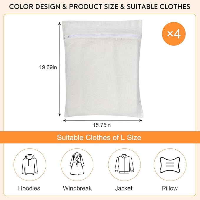 4-Piece White Large Durable Organic Cotton Mesh Laundry Bags with Sturdy Zippers and Breathable Mesh are Delicate Laundry Bags for Underwear, Clothes, Pants and Socks-CubbioJoy