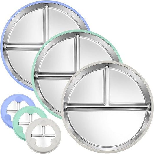 3-Pack Stainless Steel Baby Plates with Suction, BPA-Free Stainless Steel Kids Plates, 9” Divided Toddler Plate for Dishwasher Safe, Non-Slip Silicone Base, Detachable Design (Blue, Gray, Green)-CubbioJoy