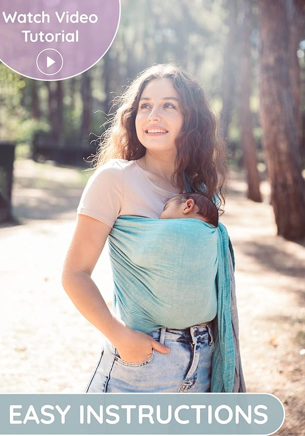 Baby Sling Carrier – Breathable 100% Cotton Wrap for Infant Support, Ring Sling Baby Carrier – Grey Turquoise Adjustable Muslin Fabric – Soft Chest Hold for Travel-CubbioJoy