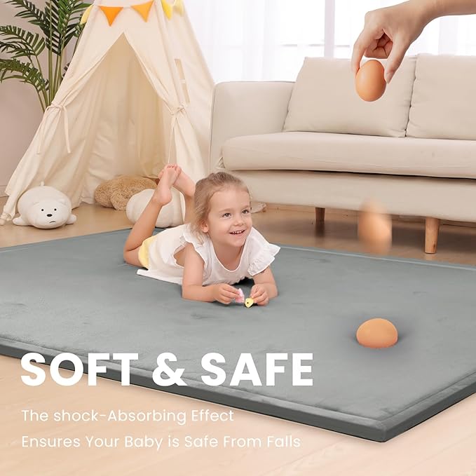 Baby Play Mat for Floor,1.3" Thick Memory Foam Tummy Time Mat,Soft Coral Velvet Nursery Rug,Large Non Slip for Crawling,Toddlers,Infants,Kids,Yoga & Tatami Style for Living Room(Dark Gray)-CubbioJoy