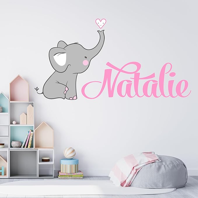 Decor Designs Decals Girls Nursery Baby Grey and Pink Elephant Custom Name Personalized Wall Decal Sticker for Playroom Decor or Baby's Room (Multi-Sizes) (Name, Without Initial)-CubbioJoy