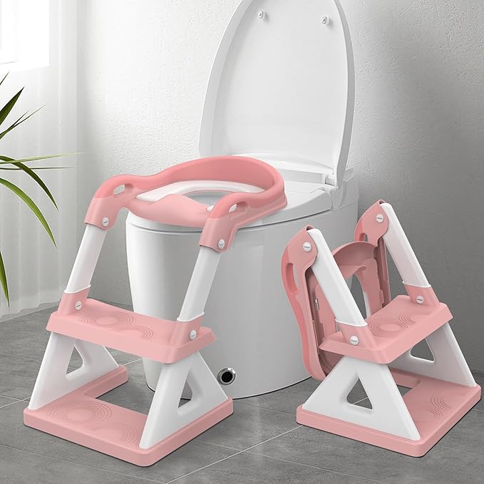 2 in 1 Potty Training Toilet Seat & Toddler Step Stool, Bottom Triangle Stability Toddler Toilet Seat, Adjustable Step & Seat Height Potty Seats for Toddlers Boys Girls (Pink)-CubbioJoy