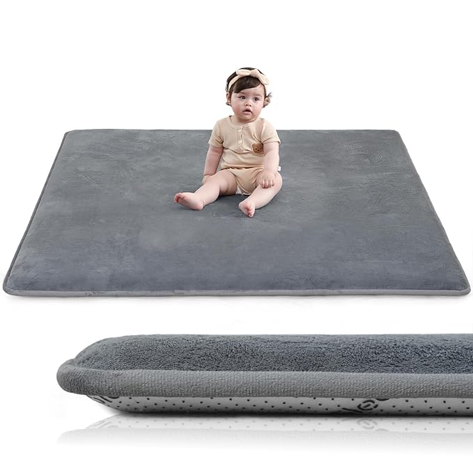 Baby Play Mat for Floor,1.3" Thick Elasti-Foam 50"×50" Playpen Mat for Tummy Time,Water Repellent Soft Coral Velvet for Toddler,Infant,Kids,Non-Slip Backing Safe for Crawling(Dark Grey)-CubbioJoy