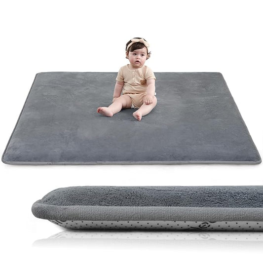 Baby Play Mat for Floor,1.3" Thick Elasti-Foam 50"×50" Playpen Mat for Tummy Time,Water Repellent Soft Coral Velvet for Toddler,Infant,Kids,Non-Slip Backing Safe for Crawling(Dark Grey)-CubbioJoy