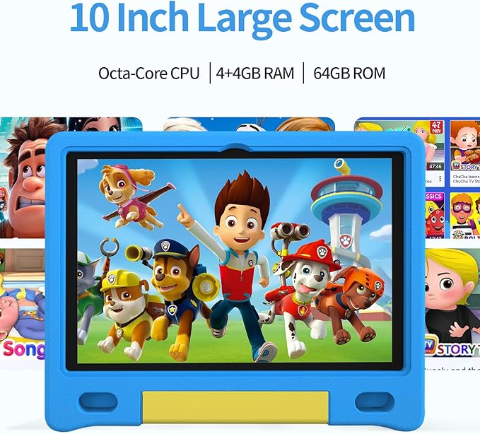 JREN Kids Table 10.1" ｜Android 14 Tablet for Kids｜64GB Storage｜Octa-Core｜WiFi ｜Cameras｜Parental Control｜Kids Content｜Case Included Great Gift for Children Ages 3-12 Years Old Blue-CubbioJoy