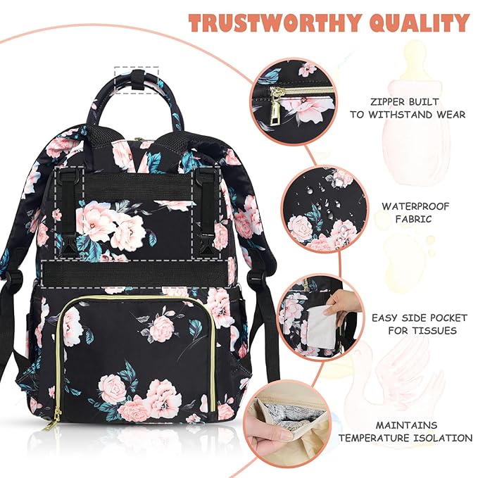 Baby Diaper Bag Backpack, Travel Diaper Bags for Girl Boy Large Capacity Baby Bag Backpack for Women Black Floral-CubbioJoy