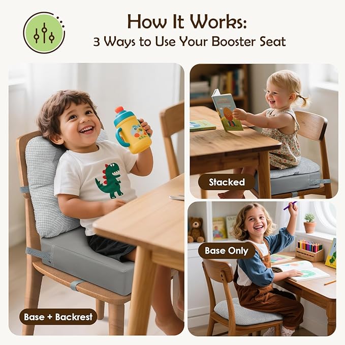 Booster Seat for Kitchen Chair with Comfy Backrest Pillow and Adjustable Safety Buckles,Non-Slip Kid Toddler Booster Seat for Dining Table, PU Travel Baby Booster Cushion Chair-CubbioJoy